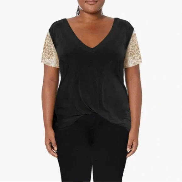 Sequin Short Sleeve Tee V Neck T Shirt Glitter Sparkles Loose Blouse Top 2XL - Picture 1 of 11